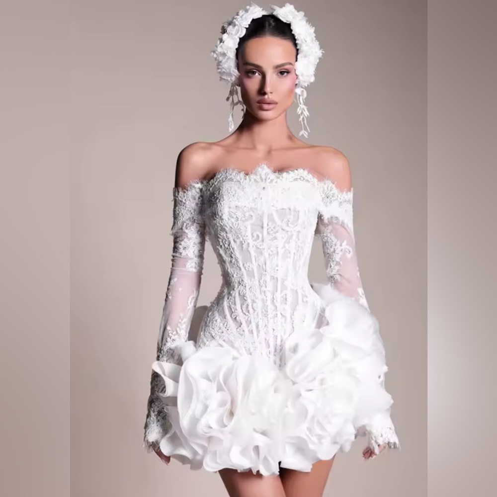 NEW $695 Abrella Elegant Off-Shoulder White Lace Dress - Picture 3 of 7